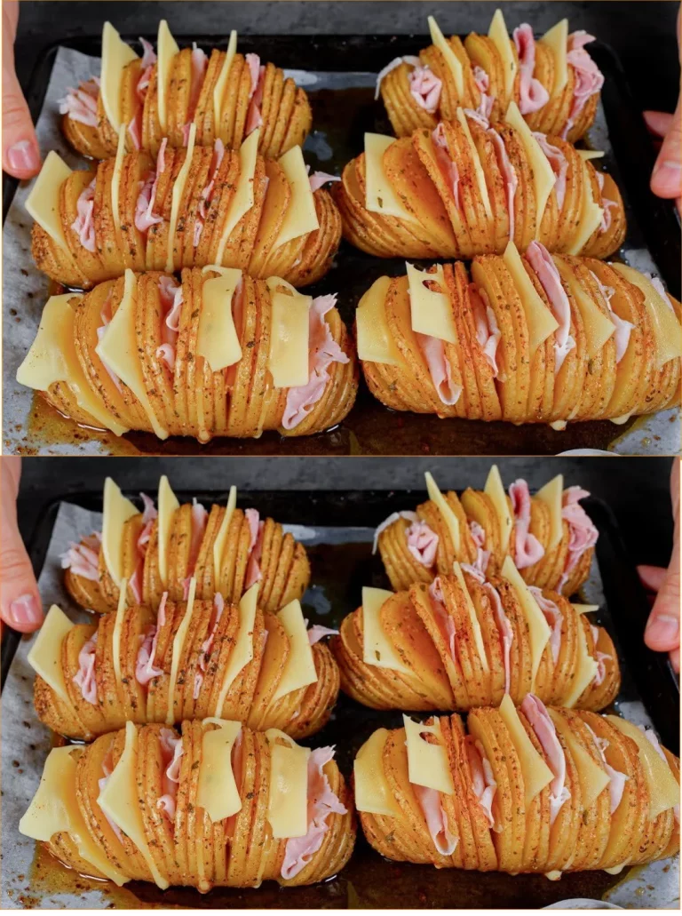 Patate Hasselback perfettamente cotte e croccanti al forno.