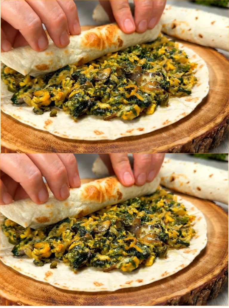 Tortilla ripiena di funghi e spinaci, un piatto gustoso e sano.