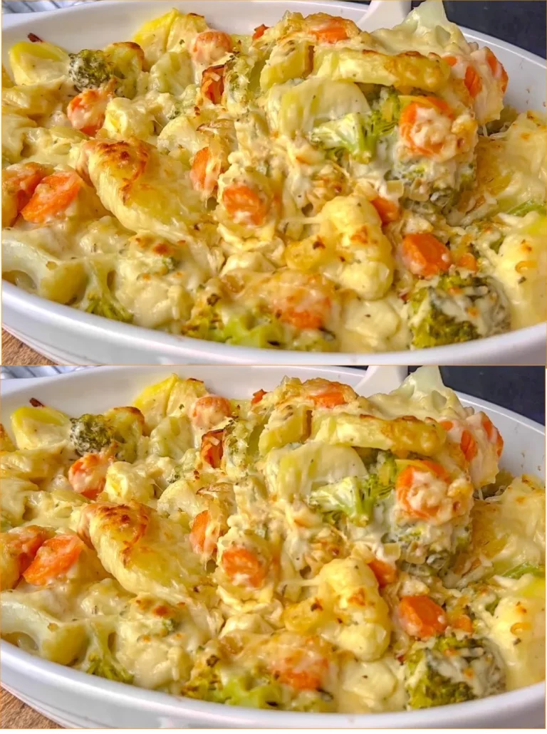 Verdure al forno con salsa cremosa in un piatto colorato e appetitoso.