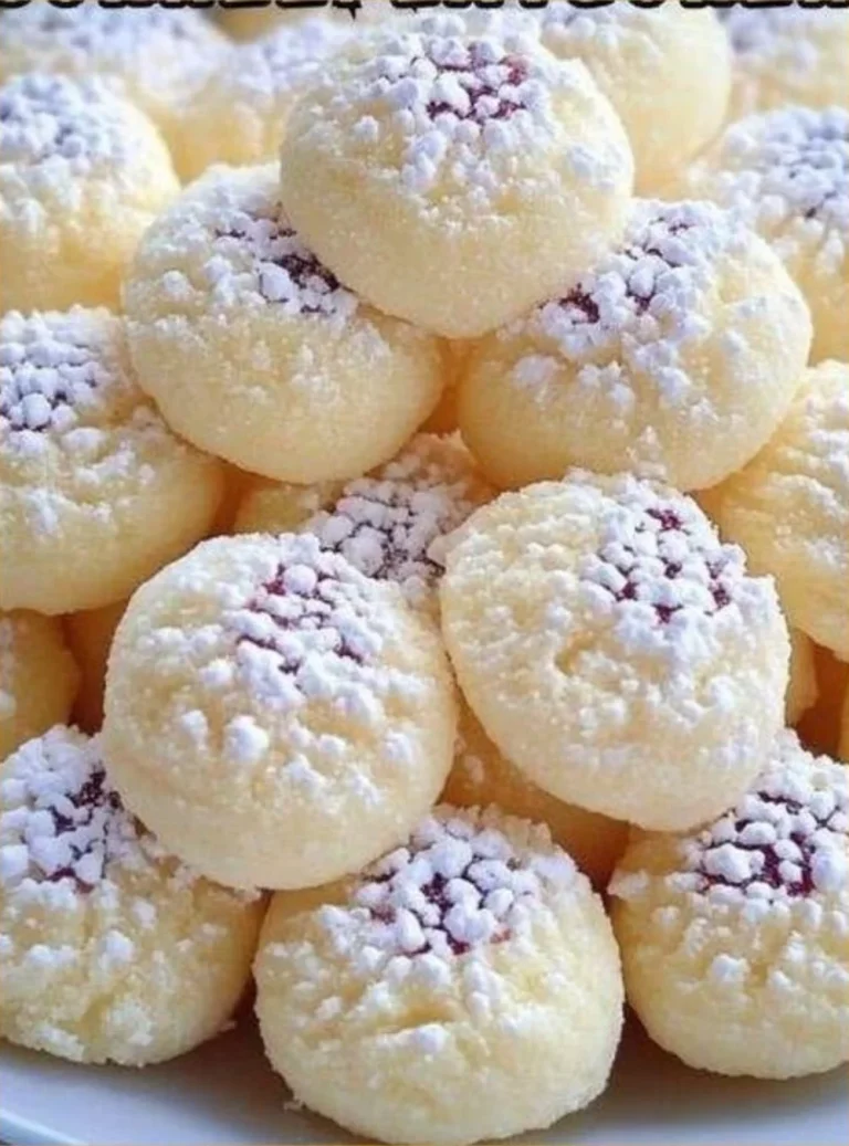 Biscotti di Neve ricoperti di zucchero a velo su un piatto.