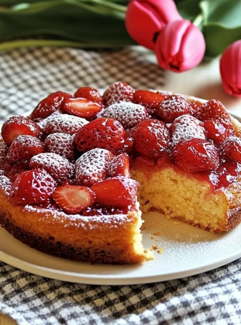 Torta Capovolgente di Fragole decorata e pronta da servire.