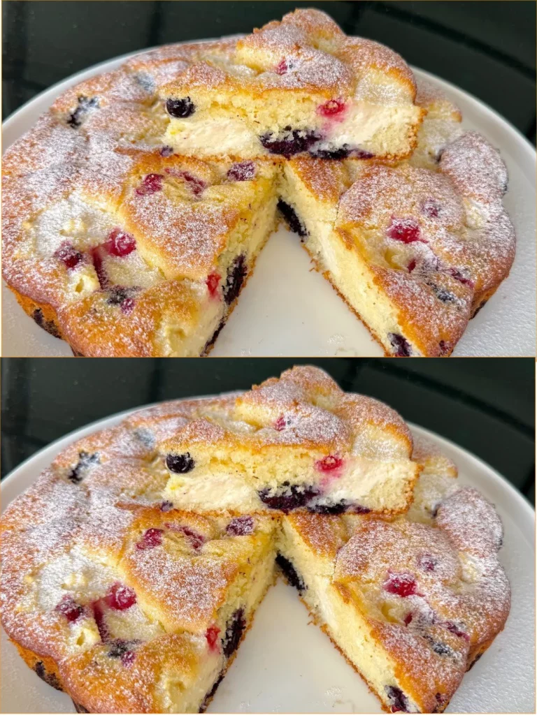 Torta di Ricotta decorata con frutta fresca e una spolverata di zucchero a velo