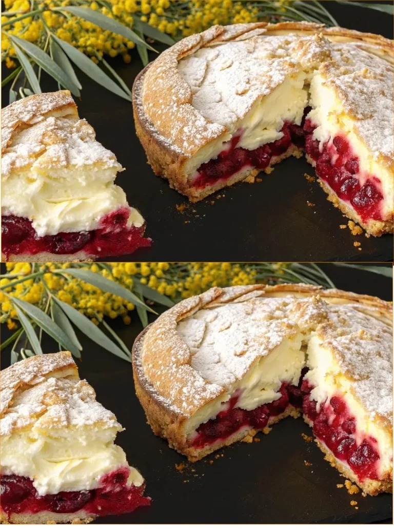 Deliziosa torta di yogurt con ciliegie e noci di mele appena sfornata