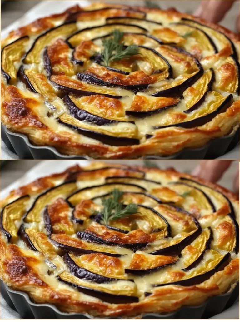 Torta salata di melanzane con pasta fillo appena sfornata